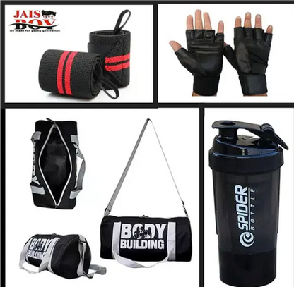 Body bulding Gym Bag Combo for Men ll Black Gym Bag, Black Bottle & Black Gloves with Wrist Support Band ll Gym kit for Men